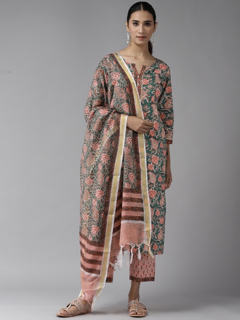 

Yufta Women Green Floral Printed Regular Pure Cotton Kurta with Palazzos & With Dupatta