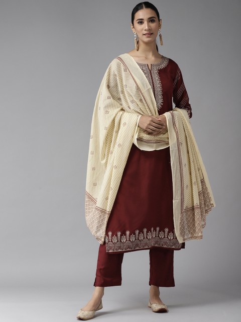 

Yufta Women Maroon Ethnic Motifs Yoke Design Regular Kurta with Palazzos & Dupatta