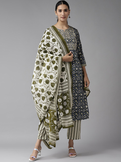 

Yufta Women Blue & Green Ethnic Motifs Printed Pure Cotton Kurta with Palazzos & Dupatta