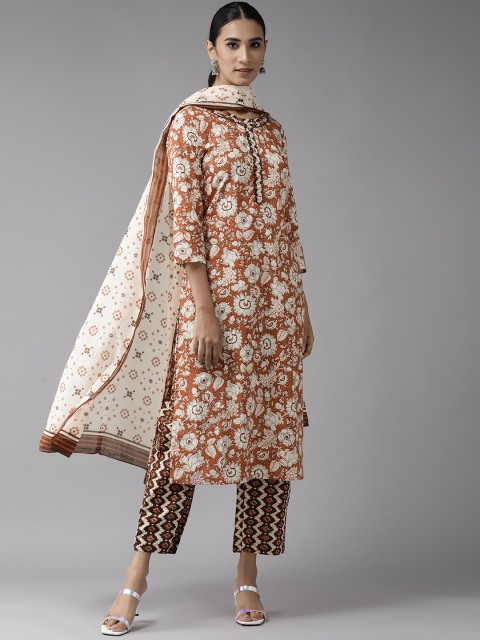 

Yufta Women Maroon & White Floral Printed Mirror Work Kurta with Trousers & Dupatta