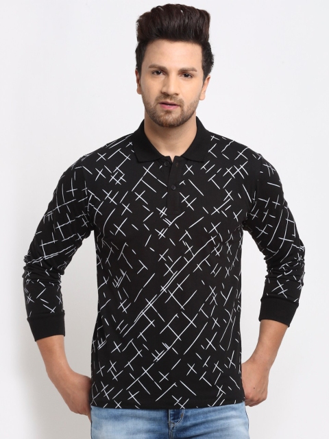 

WILD WEST Men Black & White Striped Polo Collar T-shirt