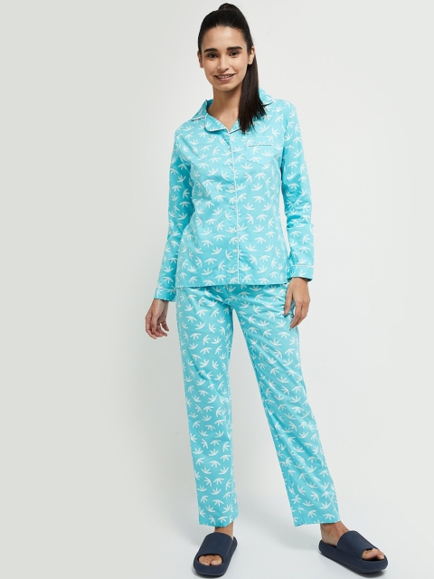 

max Women Turquoise Blue & White Printed Pure Cotton Night Suit