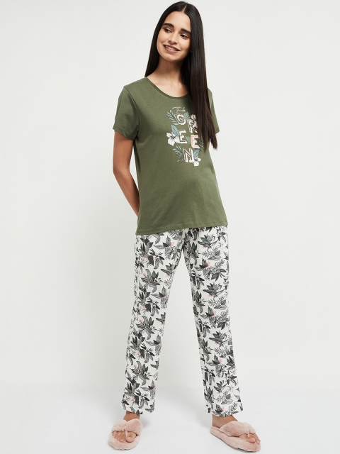 

max Women Olive Green & White Printed Pure Cotton Night Suit