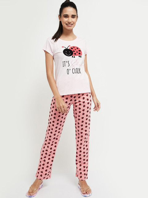 

max Women Pink & White Animal Printed Pure Cotton Night Suit