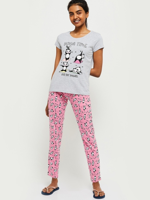 

max Women Grey Melange & Pink Printed Night suit