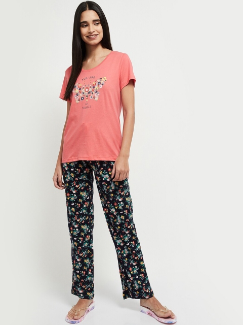 

max Women Coral & Navy Blue Floral Printed Pure Cotton Night Suit