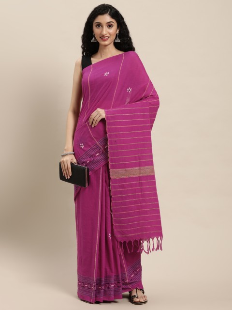 

ArtEastri Magenta Floral Kantha Work Pure Cotton Handloom Taant Saree