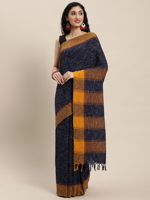 

ArtEastri Navy Blue & Mustard Pure Cotton Handloom Taant Saree
