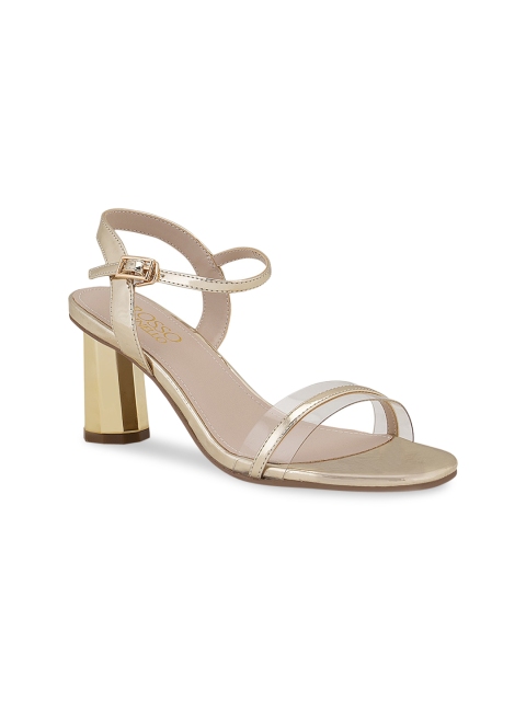 

ROSSO BRUNELLO Women Gold-Toned Leather Block Sandals with Buckles