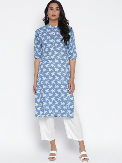 

Wodreams Women Blue & White Cotton Floral Printed Kurta