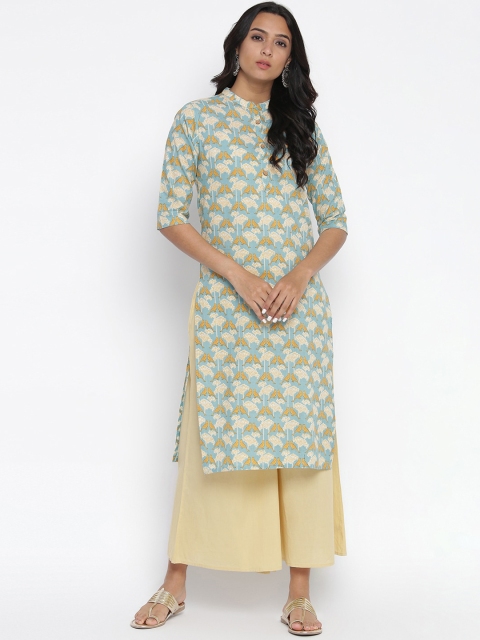 

Wodreams Women Sea Green & Mustard Yellow Ethnic Motifs Printed Cotton Kurta