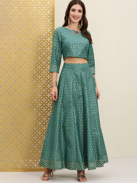 

House of Pataudi Women Teal Blue & Golden Ethnic Motifs Printed Jashn Lehenga Choli