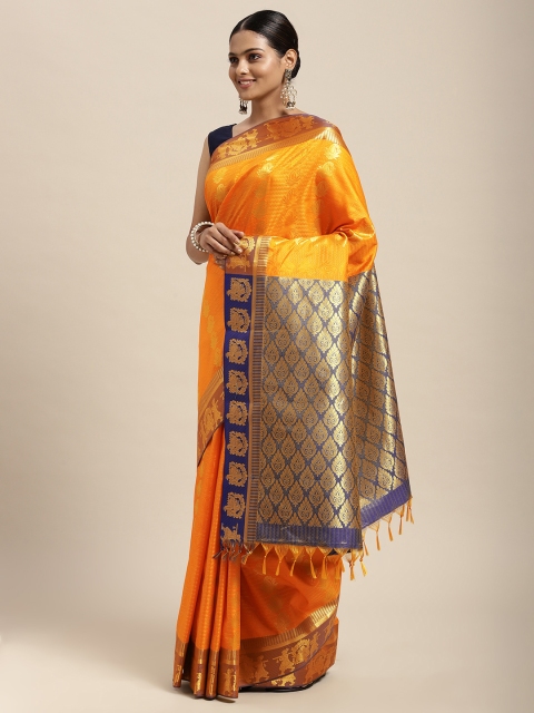 

Thara Sarees Mustard Yellow & Blue Ethnic Motifs Zari Art Silk Kanjeevaram Saree