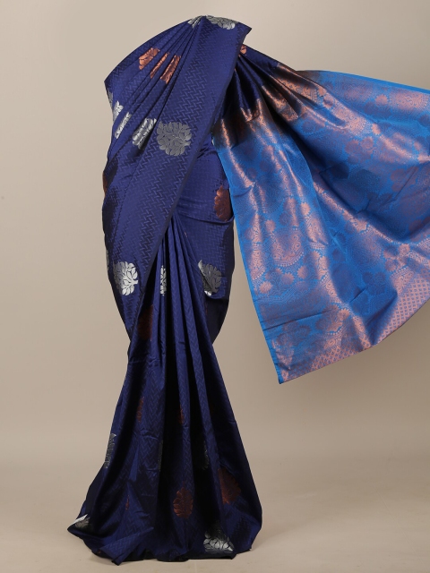 

Pothys Navy Blue & Silver-Toned Floral Zari Art Silk Saree