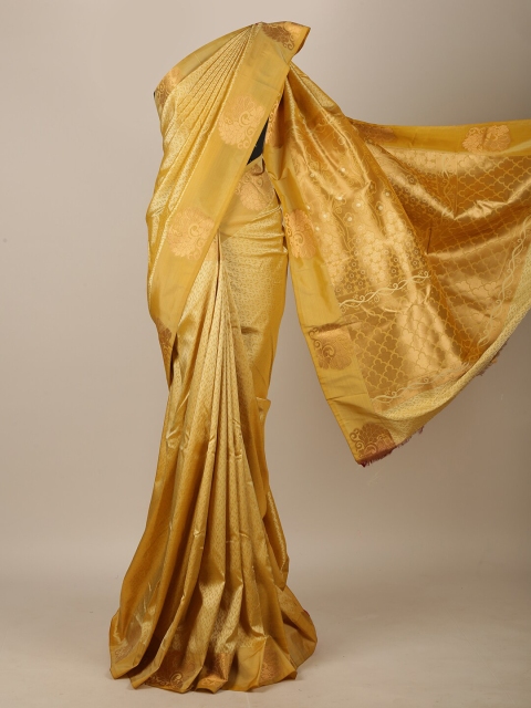 

Pothys Mustard Yellow & Gold-Toned Floral Zari Art Silk Saree