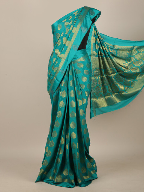 

Pothys Blue & Gold-Toned Floral Zari Saree