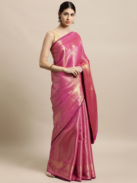 

swatika Pink & Pink Ethnic Motifs Zari Silk Blend Kanjeevaram Saree