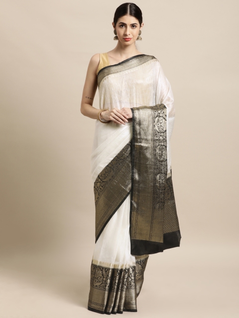 

swatika White & Black Ethnic Motifs Zari Linen Blend Banarasi Saree