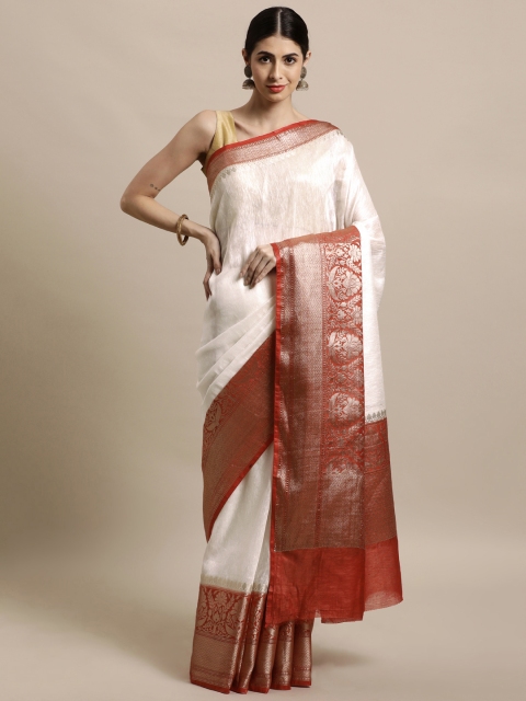 

swatika White & Red Ethnic Motifs Zari Linen Blend Banarasi Saree