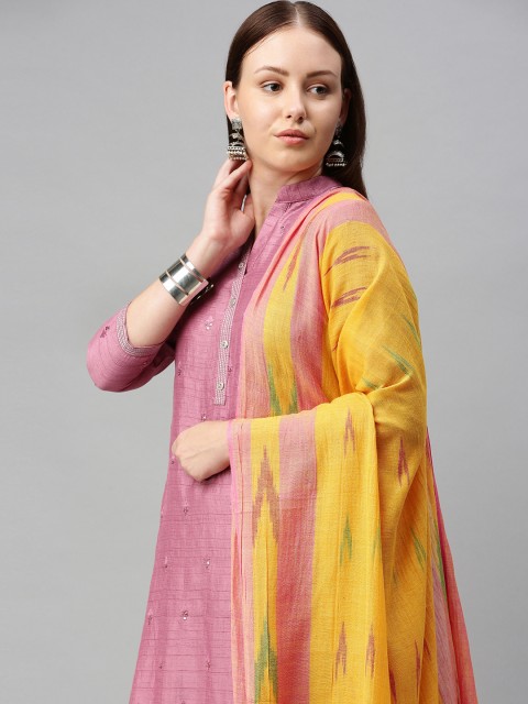 

swatika Yellow & Pink Woven Design Pure Cotton Ikat Bhagalpuri Handloom Dupatta