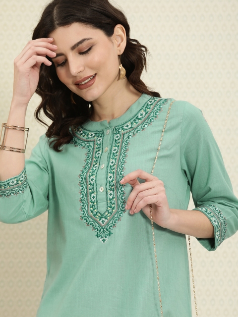 

House of Pataudi Women Green Ethnic Motifs Yoke Design Rozana Kurta