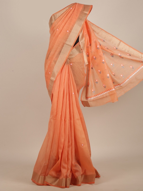 

Pothys Peach-Coloured & White Floral Embroidered Saree