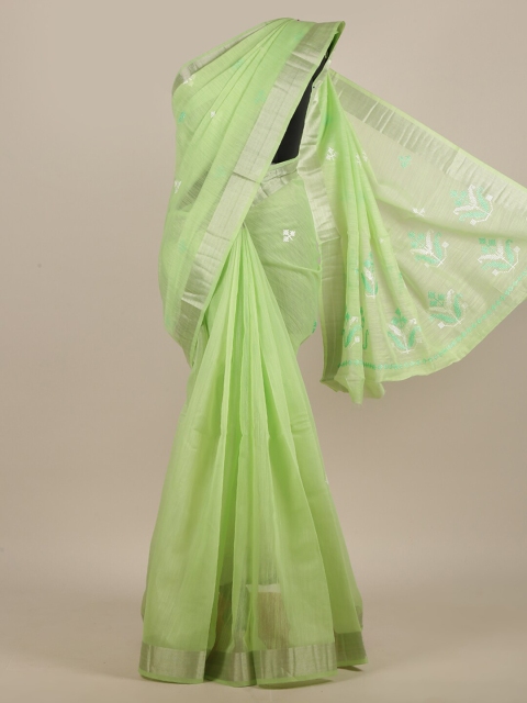 

Pothys Green & Silver-Toned Floral Embroidered Saree