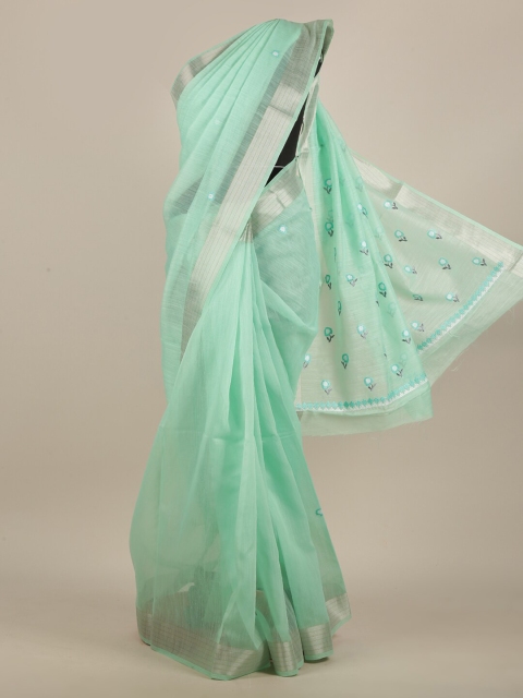 

Pothys Green & Silver-Toned Floral Embroidered Saree