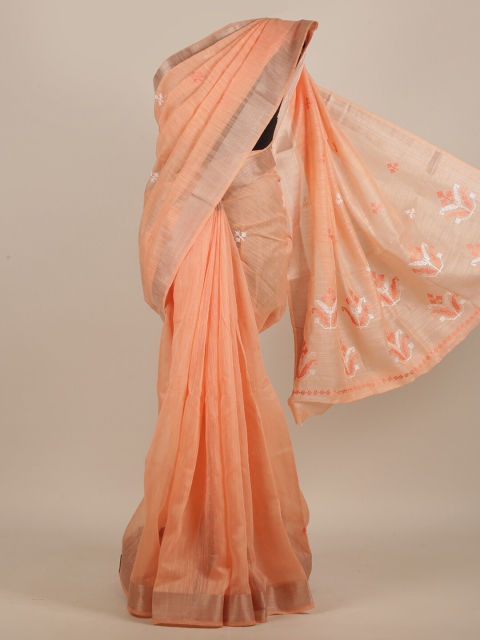

Pothys Peach-Coloured & White Floral Embroidered Saree