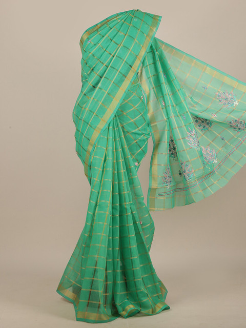

Pothys Green & Gold-Toned Checked Zari Saree