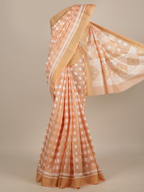 

Pothys Peach-Coloured & White Ethnic Motifs Zari Saree