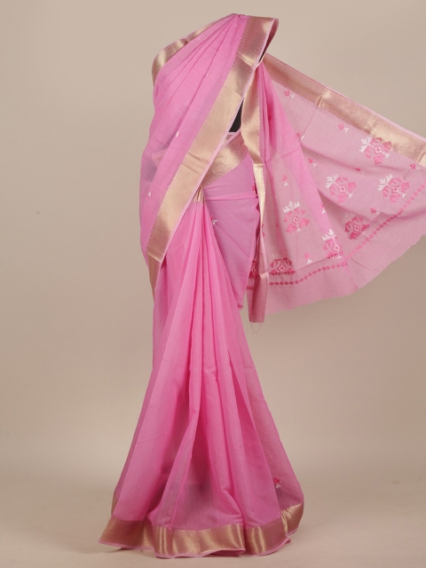 

Pothys Pink & Gold-Toned Floral Embroidered Saree