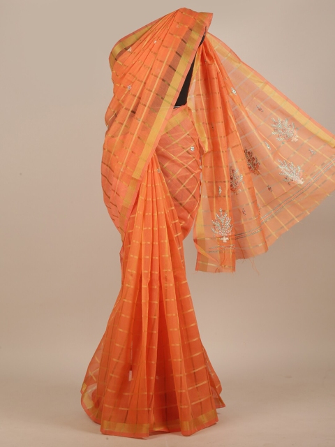 

Pothys Orange & Gold-Toned Checked Embroidered Saree