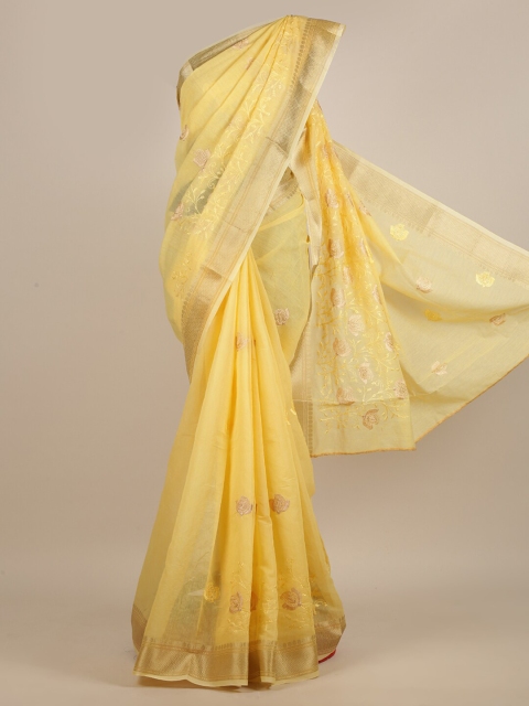 

Pothys Yellow & Gold-Toned Floral Embroidered Saree