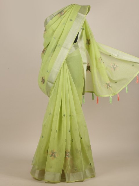 

Pothys Green & Silver-Toned Ethnic Motifs Embroidered Saree