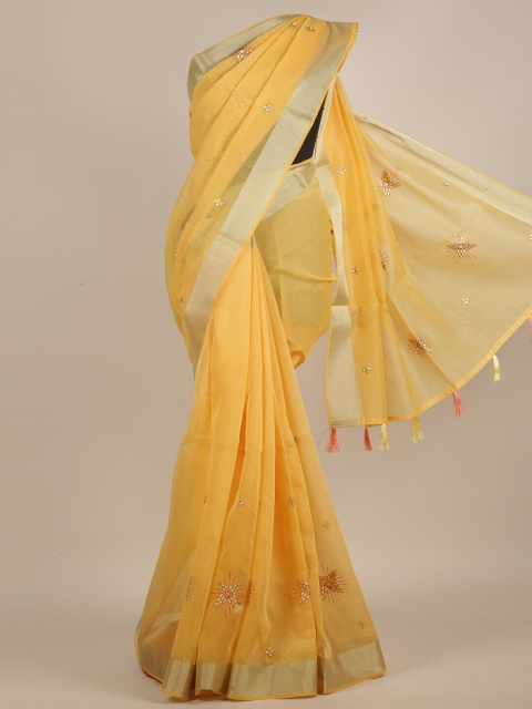 

Pothys Yellow & Silver-Toned Floral Embroidered Saree
