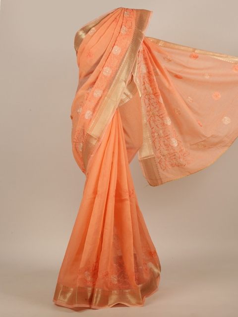 

Pothys Orange & Cream-Coloured Floral Embroidered Saree