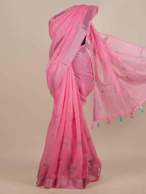 

Pothys Pink & Grey Ethnic Motifs Embroidered Saree