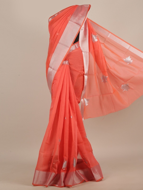 

Pothys Orange & Silver-Toned Ethnic Motifs Zari Saree