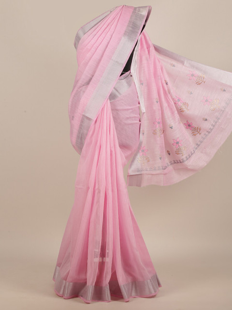 

Pothys Pink & Silver-Toned Floral Zari Saree