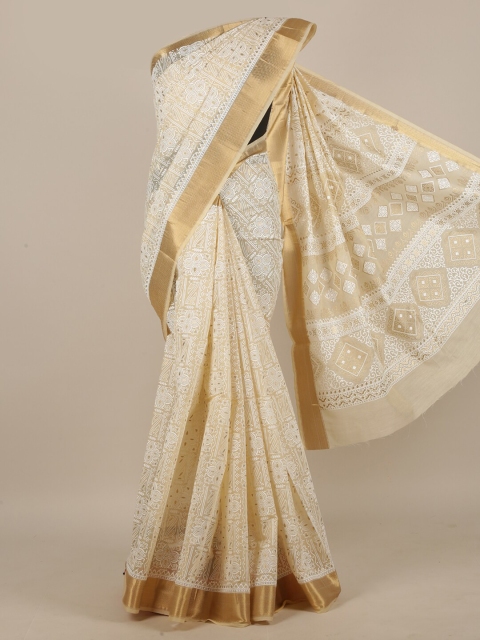 

Pothys Cream-Coloured & White Ethnic Motifs Saree