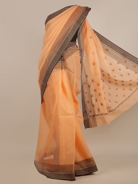 

Pothys Peach-Coloured & Black Floral Embroidered Saree