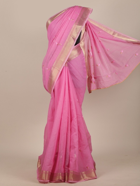 

Pothys Pink & Gold-Toned Floral Embroidered Saree