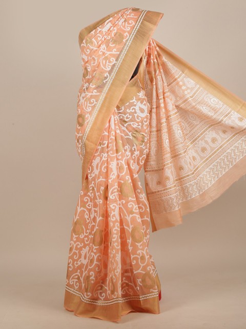 

Pothys Peach-Coloured & White Ethnic Motifs Zari Saree