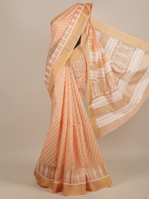 

Pothys Peach-Coloured & White Ethnic Motifs Saree
