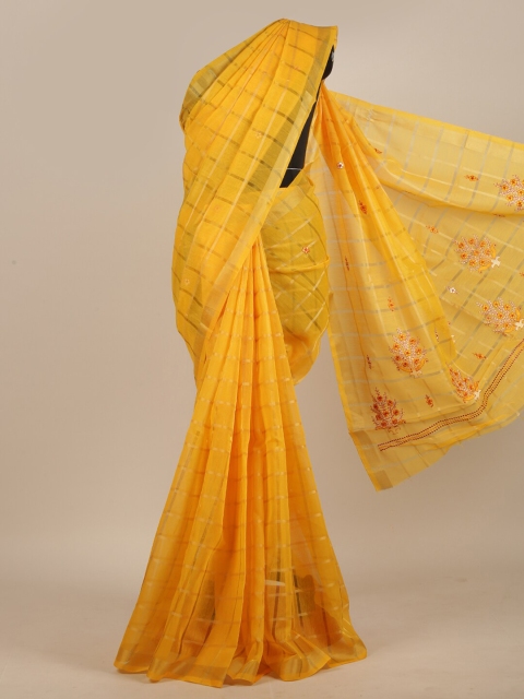 

Pothys Yellow & White Checked Embroidered Saree