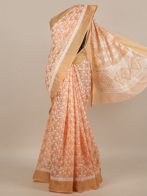 

Pothys Peach-Coloured & White Ethnic Motifs Saree