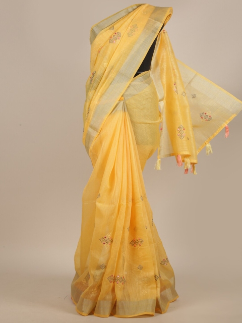 

Pothys Yellow & Gold-Toned Floral Mirror Work Saree