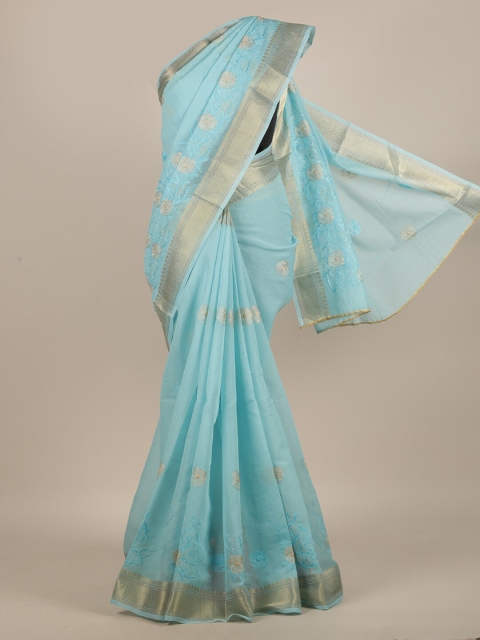 

Pothys Blue & Gold-Toned Floral Zari Saree