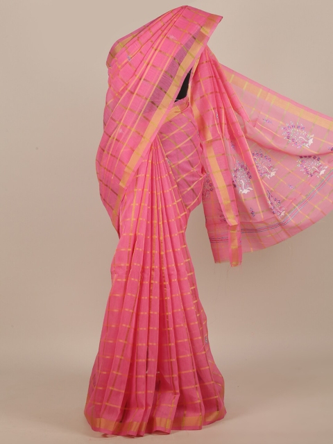 

Pothys Pink & White Checked Zari Saree